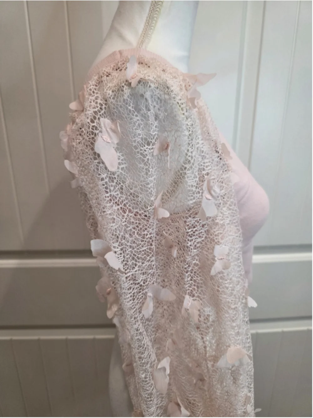 Free People Intimately Baby Pink Butterfly Lace Sleeve Crop Top Sz L Cottagecore